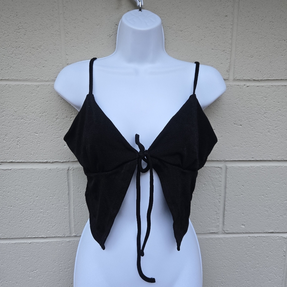 Sexy- Slinky- Black- Tie Front- Adjustable Spaghetti Strap- Crop Top- Size Large